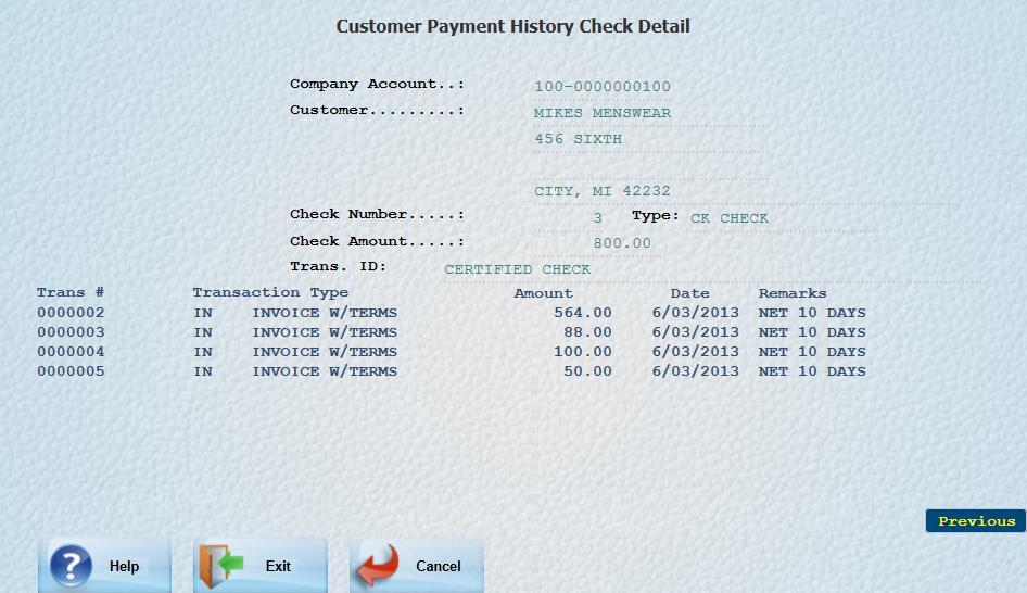 Layout for Customer Payment History list screen: Columns: Opt: Option for each Payment: 12=View Detail Items Date: Payment/Activity date.