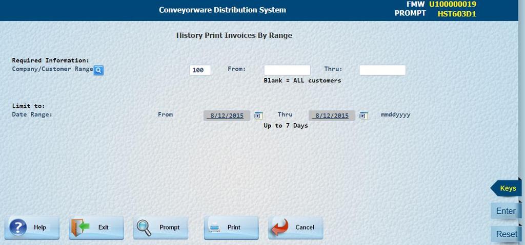 To Print Invoices by Date(s) and/or by Customer(s): From the History list screen, Click on [Prt.Inv.] (F13). The Print Invoices by Range screen appears.