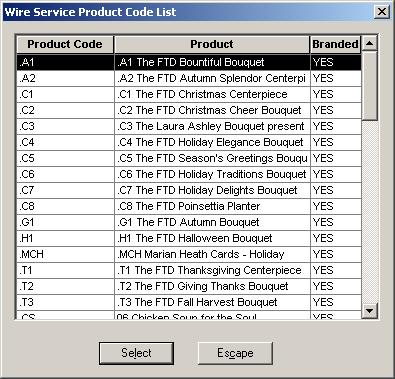 Figure 8-4: Bar Code Window Wire Service Product Code List Window This window displays a list of codified products that you can assign to your local