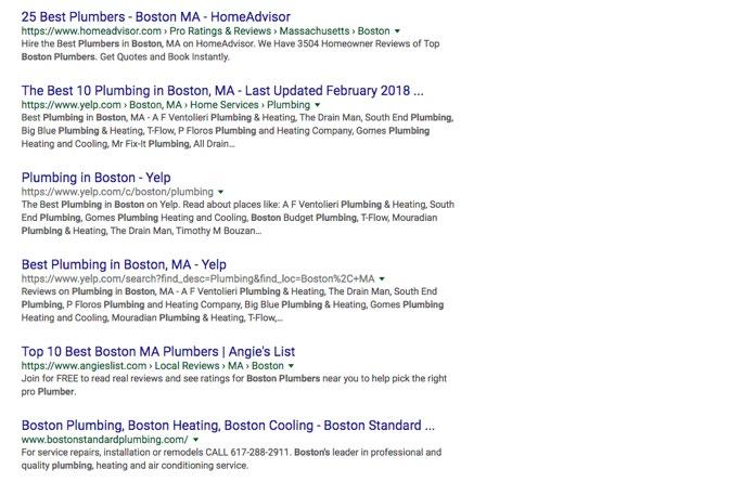 6 For example, a search for plumbing boston yields the below