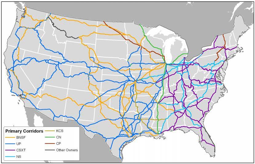 Figure 1. National Network of Class I Railroads Source: Cambridge Systematics, Inc., National Rail Freight Infrastructure Capacity and Investment Study, September 2007.