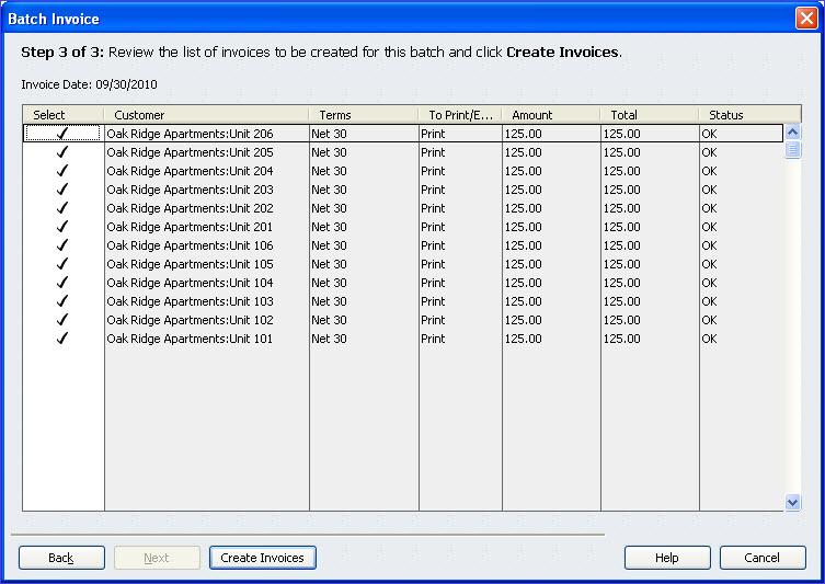 Figure 22: You can Select or de-select the invoices to be created here. Click the Create Invoices button.