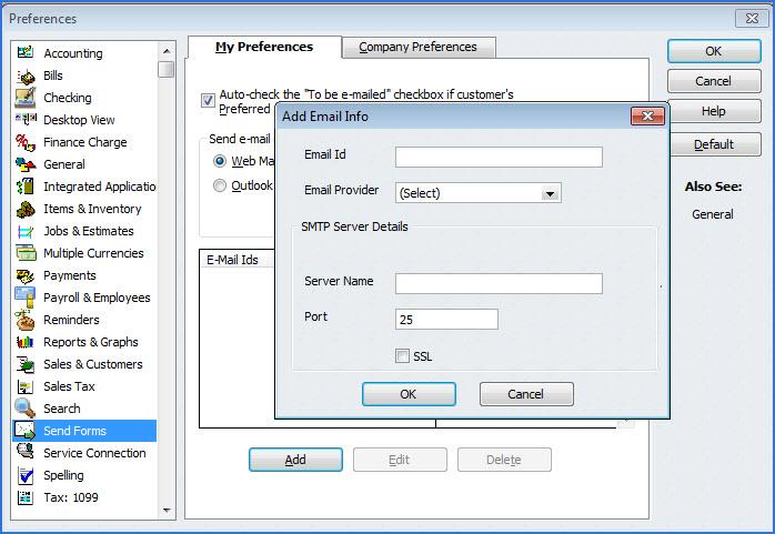 Figure 27: Select Webmail from the list under Send e-mail using. Click the Add button, and select your e-mail provider (Gmail, Yahoo, and Hotmail). Complete the add Email Info details.
