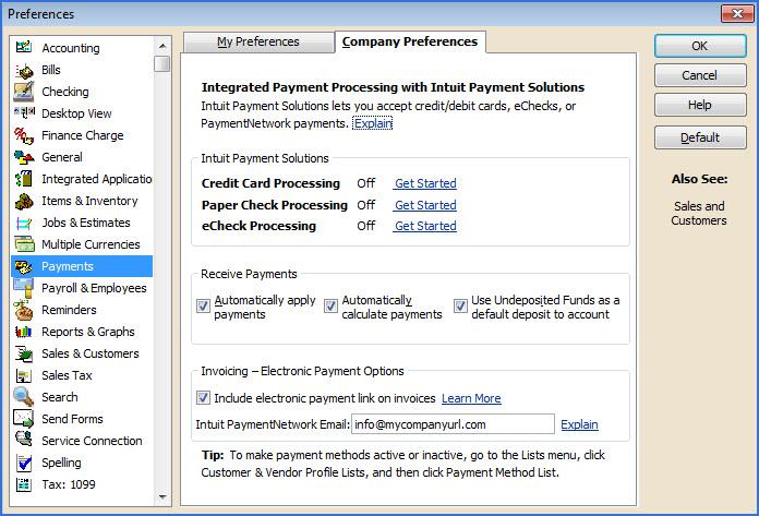 Figure 42: From the Edit, Preferences menu, select Payments on the left to