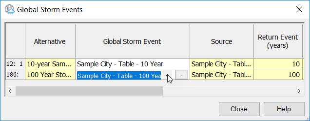 Click on Subsurface Utilities > Components > Common > Storm Data >> Global Storm Events: The Global Storm Events dialog shows that there are two
