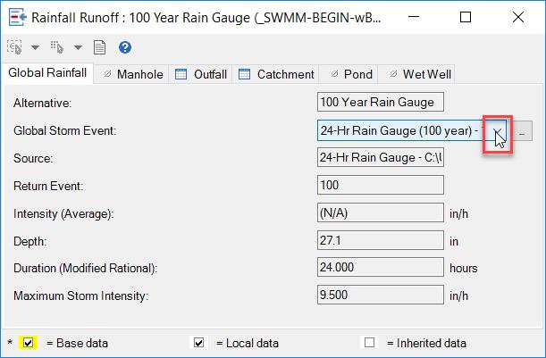 3. Double-click on the 100 Year Rain Gauge Alternative, to open the Rainfall Runoff Alternative Editor dialog. 4. Click the down arrow icon to the right of the Global Storm Event field. 5.