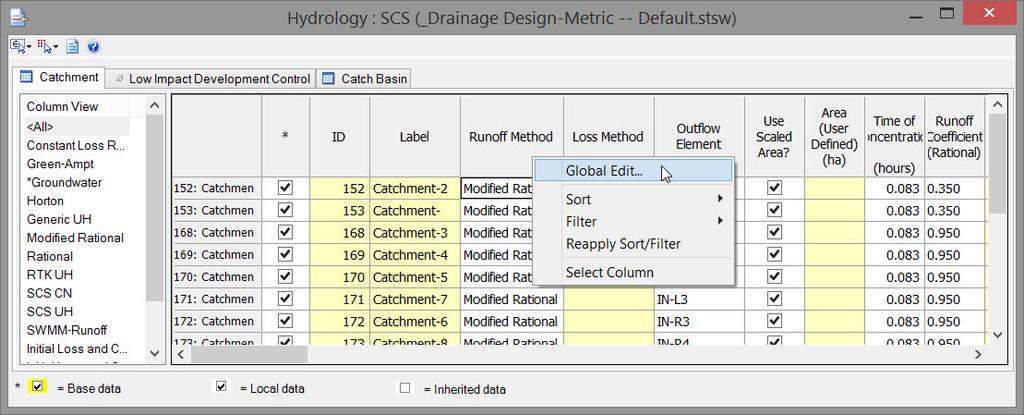 6. In the Global Edit dialog, click the down arrow. Take a moment to read the runoff methods that are available. 7. Select Unit Hydrograph. 8.