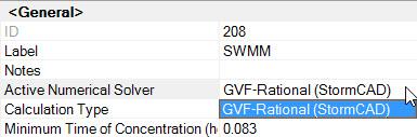 The properties in the Hydraulic Analysis tab show that the Active Numerical Solver is set to GVF-Rational (StormCAD).