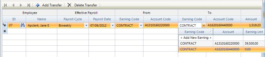NOTE: If you selected the Transfer Earnings routine via the Employee Payroll Information - Appointment window, the employee ID number and name default based on the employee record selected and the
