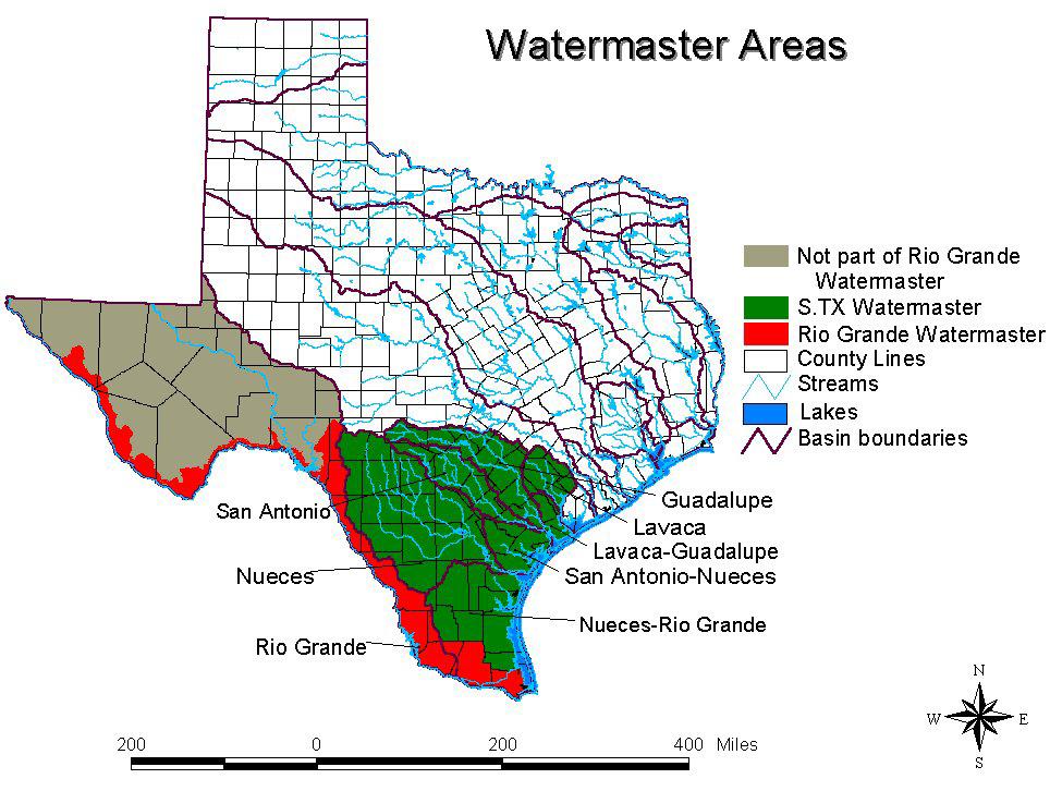 FIGURE 2. Geographical Location of the Watermaster Areas in Texas, 2004 (Texas Commission on Environmental Quality 2004).