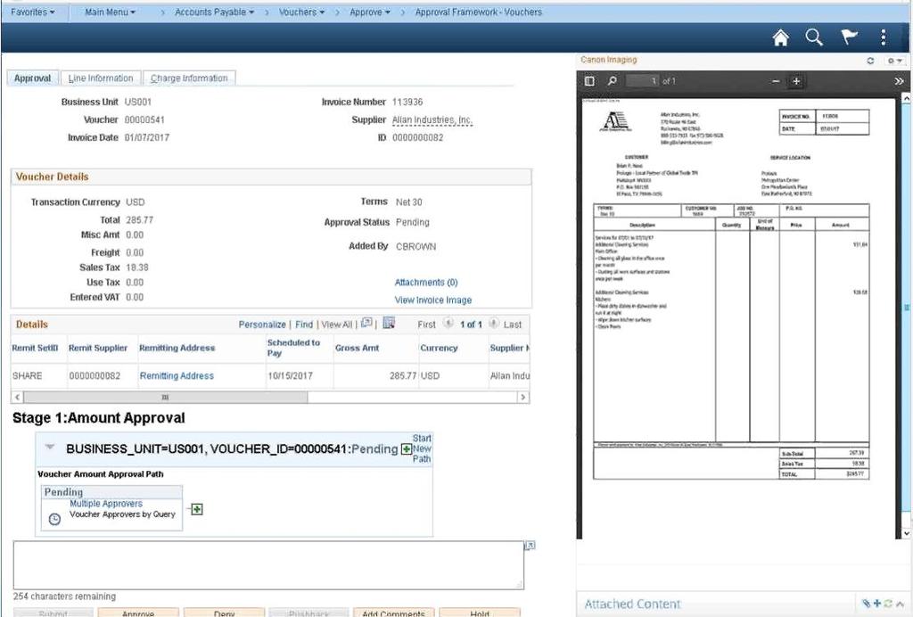 Streamlined Approval Page By leveraging the Related Content Framework inside PeopleSoft Financials, we were able to deliver the image of the invoice, right to the approval page Allows