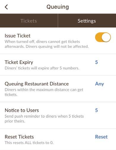 QUEUING Settings Issue Ticket Turn on - Diner can get ticket through OpenRice. QUEUING Turn off - Diner cannot get tickets afterwards.