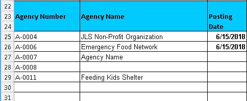 Do not leave blank rows between Agencies. Enter the Agency Name in column B if you wish.