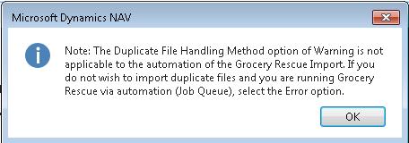 File Handling Method of Warning should not be utilized with Grocery Rescue automation.