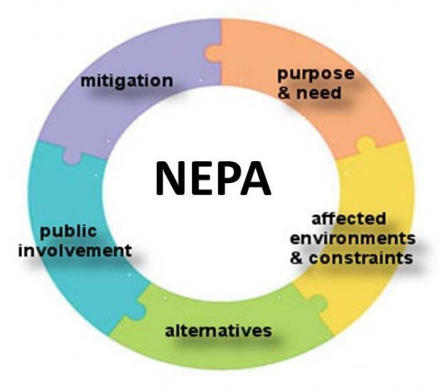 NEPA National Environmental Policy Act Requires federal agencies to integrate environmental values into their decision making processes by considering the environmental impacts of