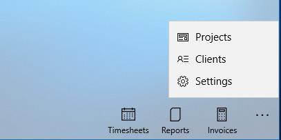 Timesheets select date to view timesheets Reports show timesheet reports Invoices view and generate invoices Projects view and add projects to record timesheets against Clients view and add clients
