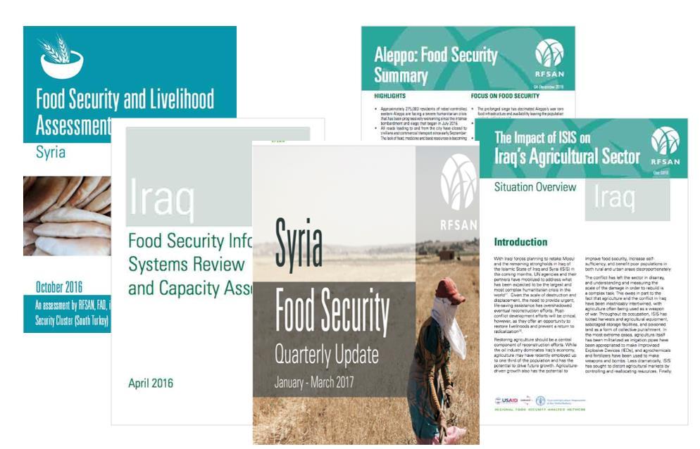 RFSAN Products (Situation analysis, Early Warning and Needs) 2015-2017 Food Security and Livelihoods Assessment reports and brochures; Quarterly Food Security Updates