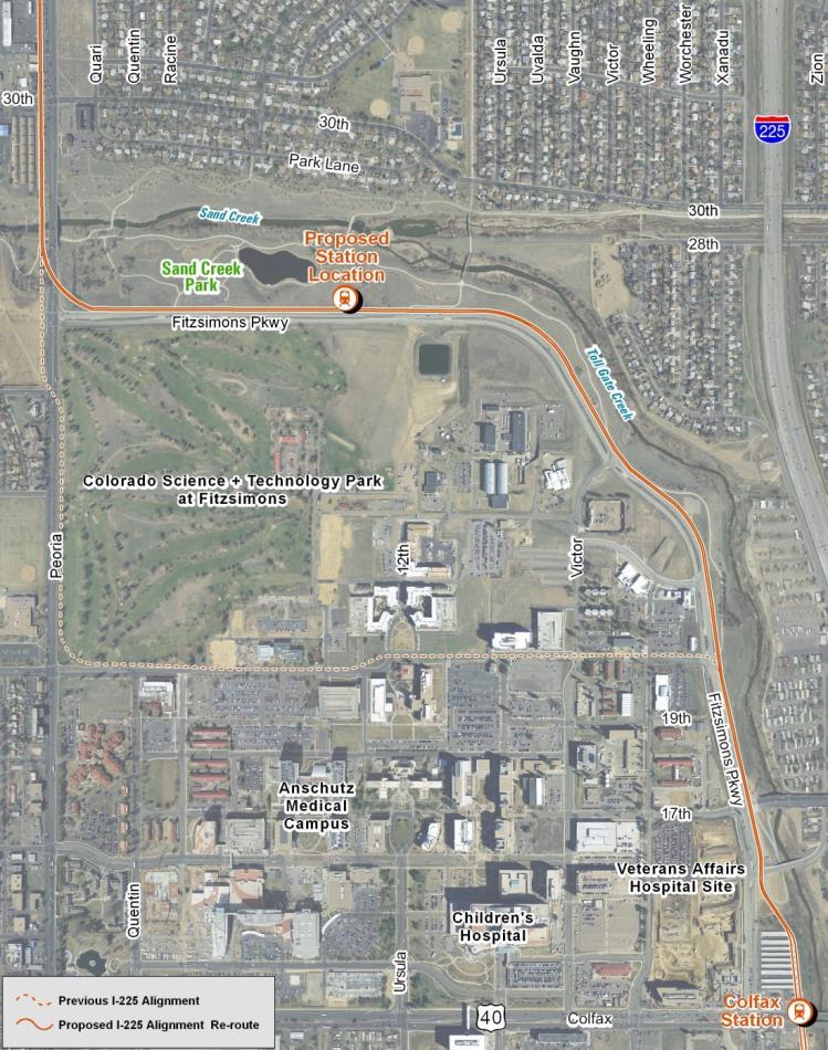Realignment to Fitzsimons Parkway I-225 Rail Line project team is screening options along Fitzsimons Parkway City of Aurora held a station location