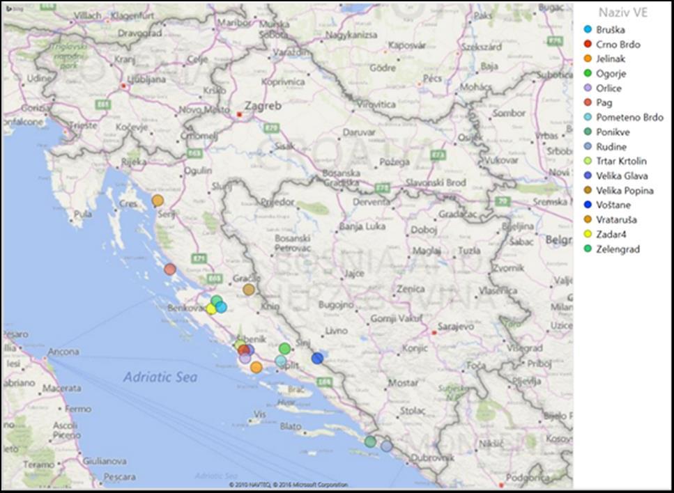 LOCATIONS OF WIND POWER PLANTS Almost all WPPs are located in the Southern Croatia- region Dalmatia, WPP integration in Croatia is specific for its low geographical dispersion.