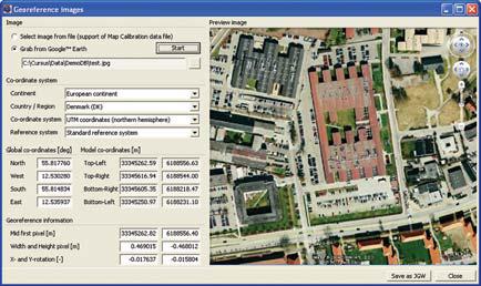 Modules: Georeference and SourceDB Georeference* window showing Google Earth bitmap and