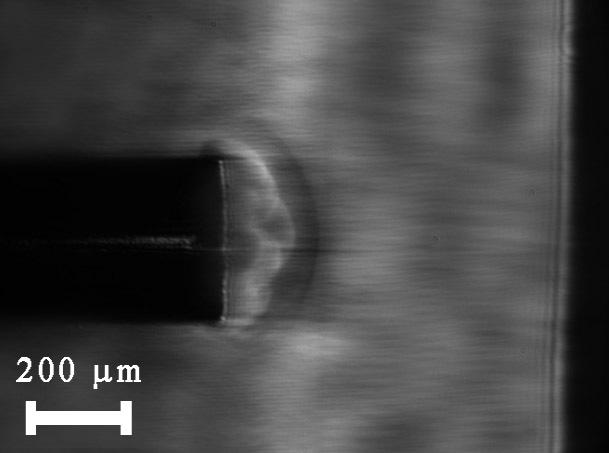 Transformation of the fiber tip profile after multishot ablation of metal target in contact mode (Δ=5 μm, 3 shots, E=35 J/cm 2 ) (a) To explain the observed modification of the fiber tip, one should