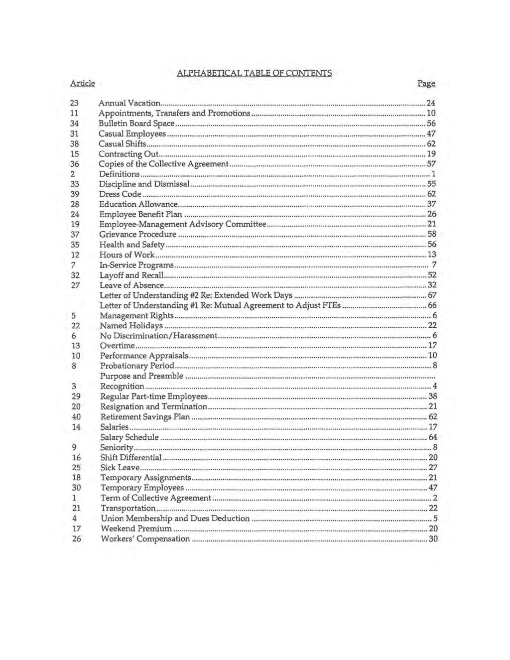Article ALPHABETICAL TABLE OF CONTENTS Page 23 Annual Vacation... 24 11 Appointments, Transfers and Promotions... 10 34 Bulletin Board Space... 56 31 Casual Employees... 47 38 Casual Shifts.