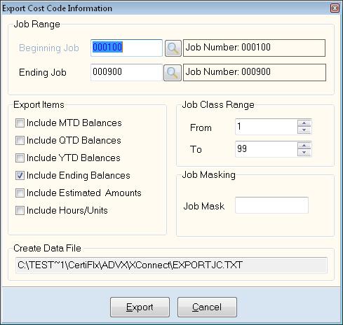 Exporting Codes The system will allow you to export the cost code totals to a Tab Delimited text file for editing or importing into another program. Beginning Job: Select the beginning job to export.