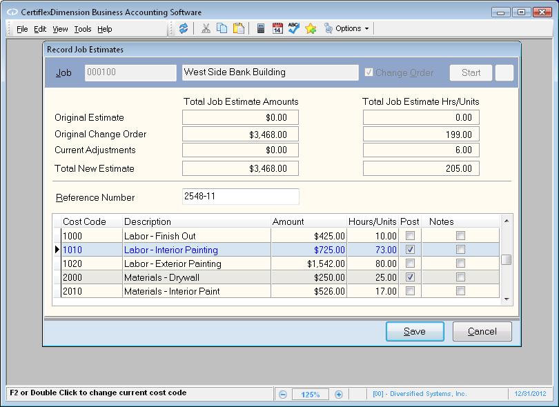 To enter a new estimate, click >Transactions >Job Cost >Record Job Estimates. When the Record Job Estimates screen is displayed, enter the job to record for in the Job field.