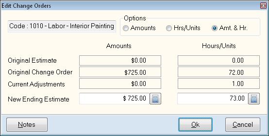 Options: This section allows you to define whether you want to enter amounts, hours, or both amounts and hours for this cost code.