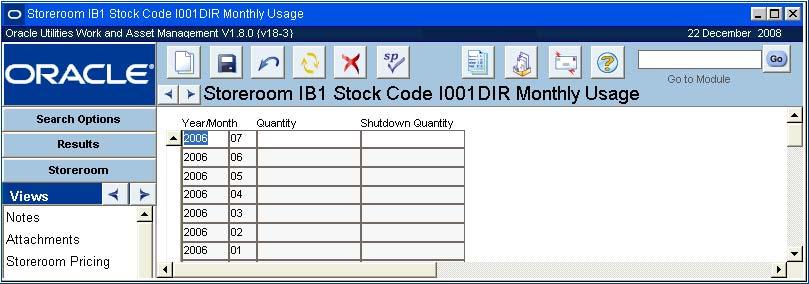 Storeroom Views Monthly Usage The Monthly Usage view presents a log of stock item usage in monthly increments. The Monthly Usage view presents the following information: Year, Month and Quantity.