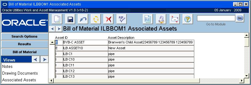 Bill of Materials Views Associated Assets view The Bill of Materials screen is divided into a header section and a detail section.