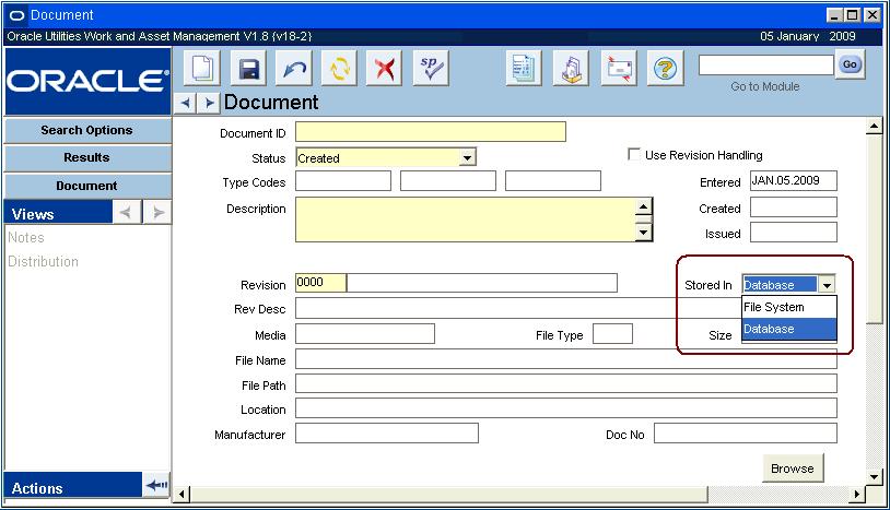Document Control Views BLOB Attachment To store a document within the database, select Database from the list of values for the Stored In field on the Document Control record.