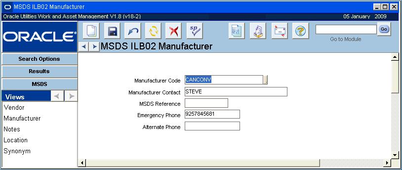 Contact, an MSDS alternate Reference Number, and Manufacturer