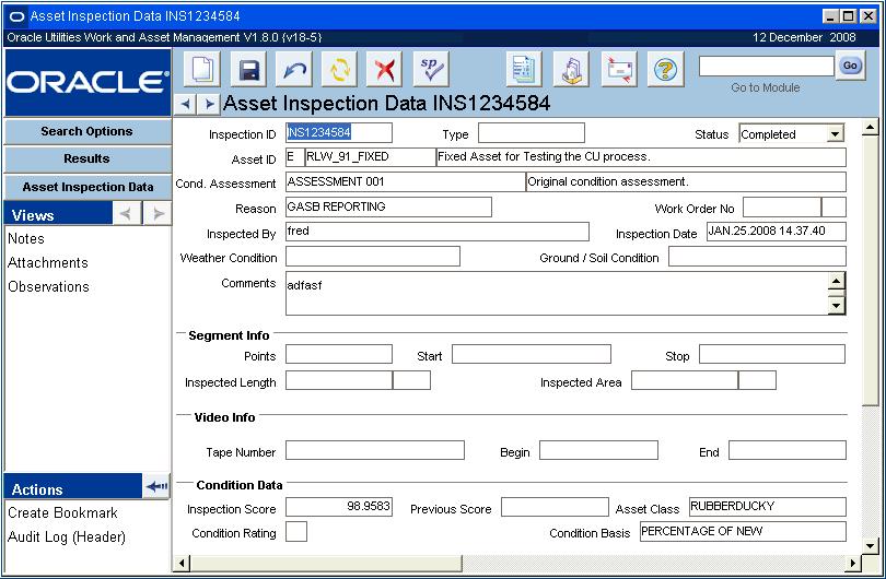 Resource Chapter 11 Asset Inspection Data The Asset Inspection Data module provides you with the ability to enter and store asset condition data that results from inspections.