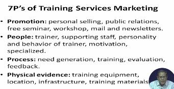 (Refer Slide time: 06:49) The 7Ps of training services are product, the training method, duration of program, schedule, trainers, skills, teaching aids etc.
