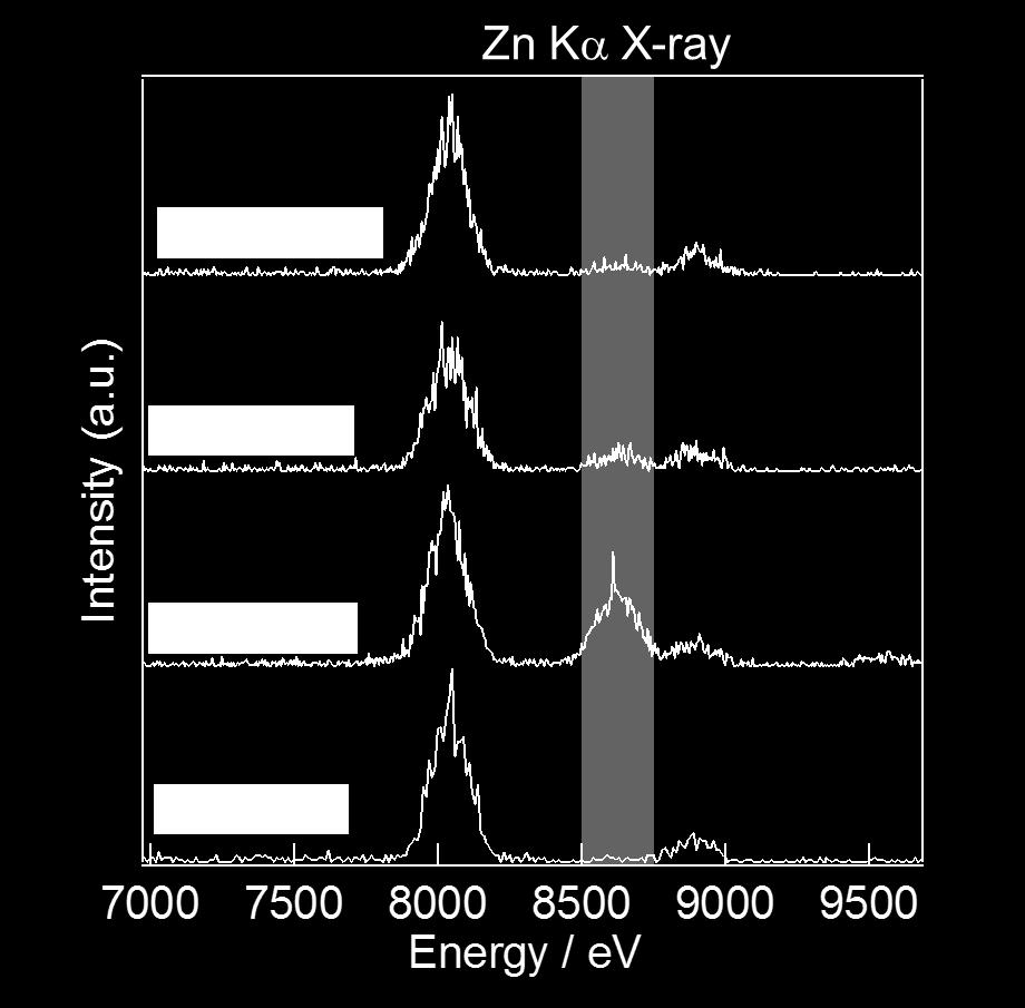 grid (gray line). The characteristic peaks of zinc atoms appear at around 8600 ev in all systems.