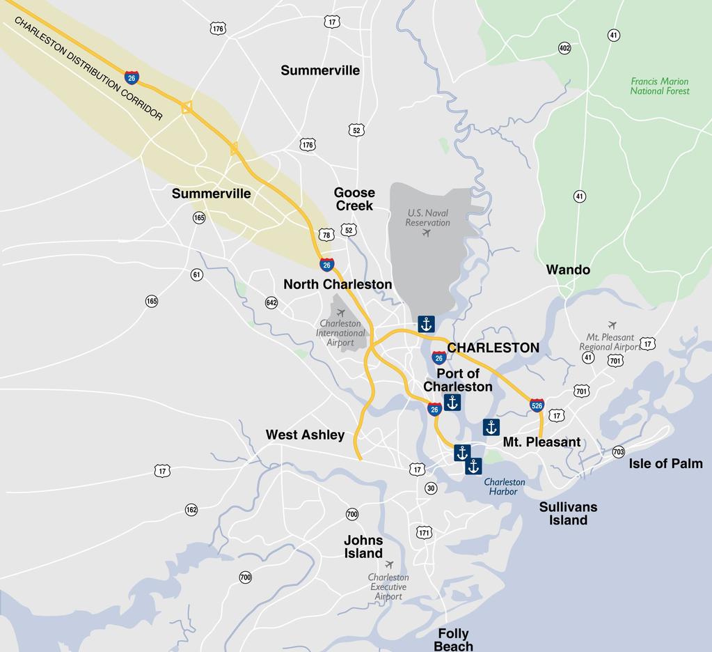 STRATEGIC LOCATION WITHIN THE CHARLESTON DISTRIBUTION CORRIDOR: SUPERB ACCESS BY LAND, AIR & SEA By Land Excellent access to major highway infrastructure via I-26 (less