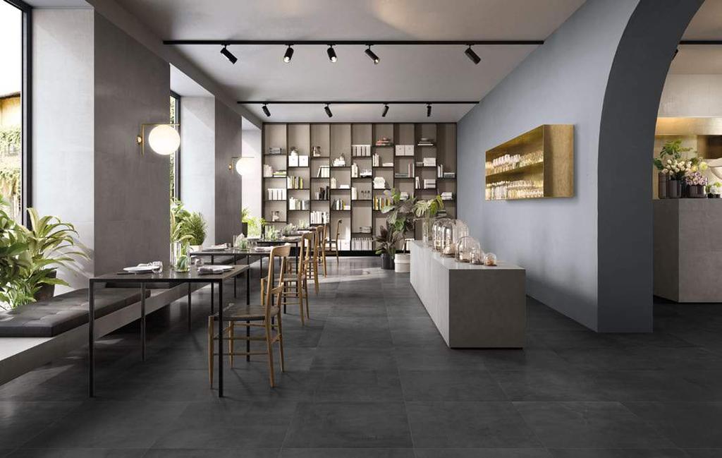 O3 TALKING ABOUT STYLE The floor and wall surfaces express strength and materiality. Each detail in the space enhances its style, thanks to a complete, coordinated and contemporary ceramic design.