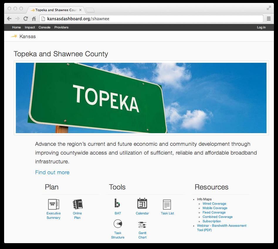Appendix E: Topeka / Shawnee County Plan Implementation Dashboard Overview The Topeka / Shawnee County Technology Plan is loaded on a web-based dashboard designed to support the management and