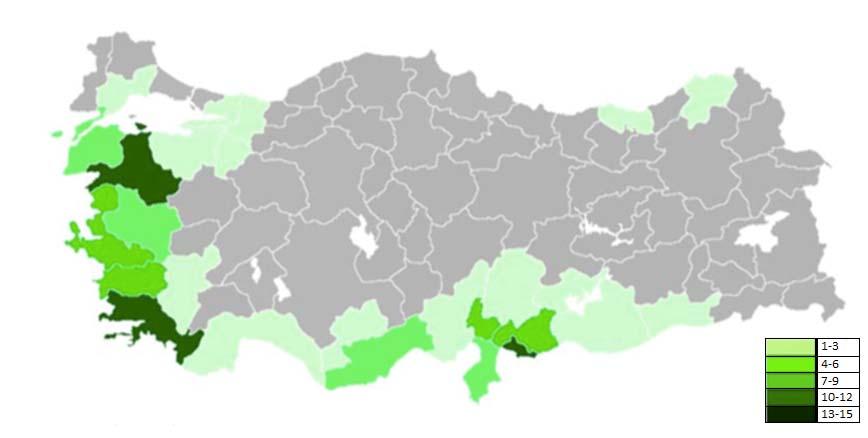 Olive oil producing provinces in Turkey thousands tones The olive growing area 845,542 ha with