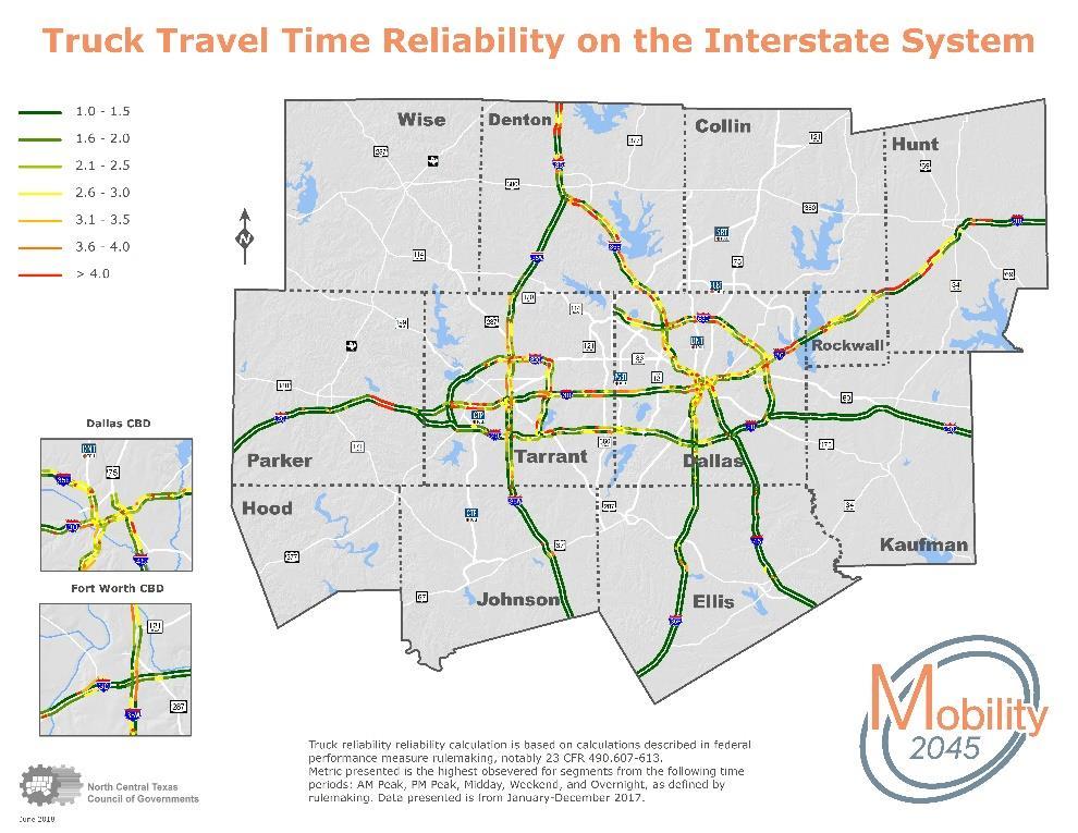 Exhibit 8-9: Truck Travel Time Reliability on the Interstate System This data source is available back to 2012 in a consistent format, so a limited trend analysis is possible despite the limitations