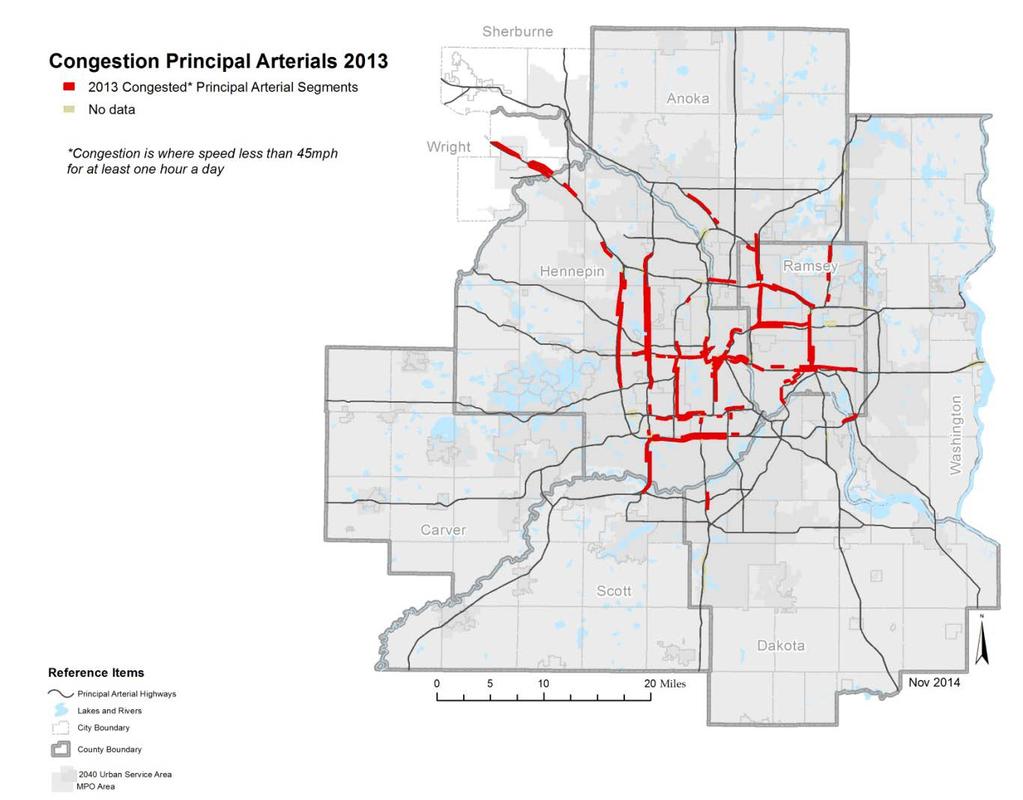 Figure 5-4: 2013 Principal Arterial Congestion Update Map and Text 2040