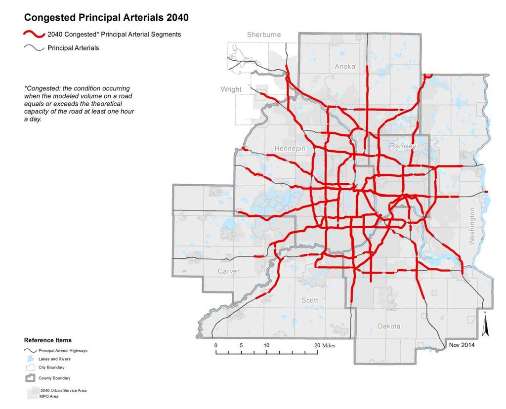 Figure 5-5: 2040 Congested Principal Arterials for Current Revenue Scenario Update Map In order to be good stewards of public investments, the region must invest in highways strategically, focusing