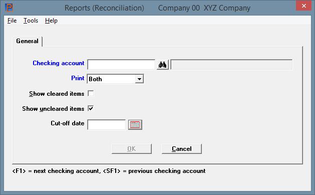 Check Reconciliation Added Detail Totals and Checkbook Balance Amounts to the Reconciliation Report The report entry screen has been altered to provide new options: The new Print field allows you to