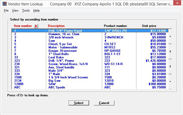 Purchase Order Additions to the Vendor Item Lookup The vendor product number and the Unit price have been added for v12.04. Here is an example of the v12.