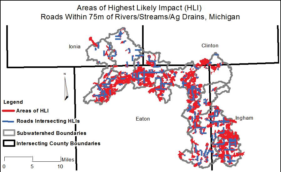 Figure 15. Areas of Highest Likely Impact as identified by proximity to Middle Grand River Watershed surface water and zones of non-preferred soils for effective septic system functionality. Table 16.