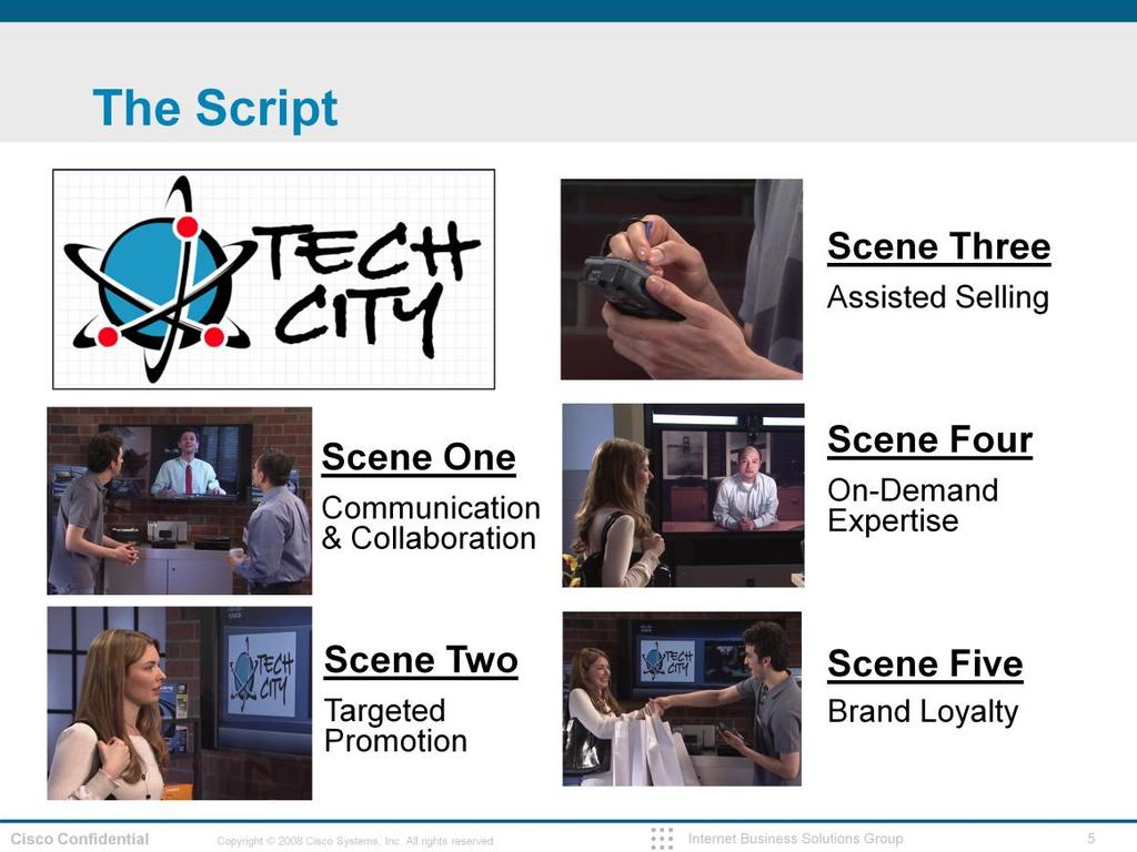 There are five sequential scenes in this Tech City video.