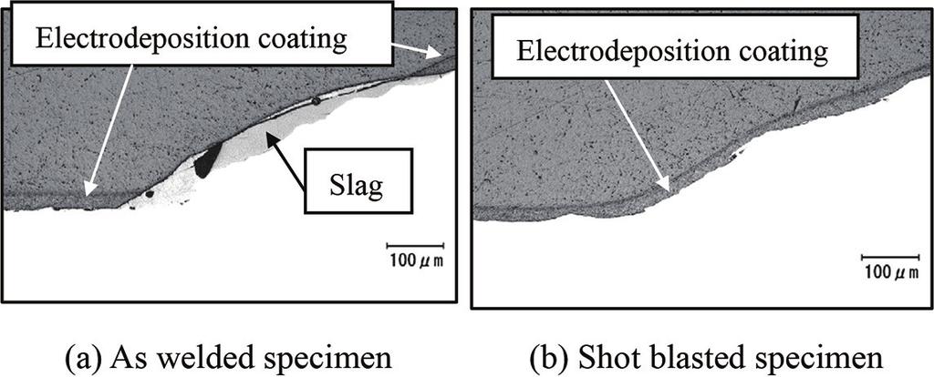 Figure 7 shows the magnified photographs of the surface of a weld bead after electrodeposition coating.