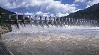Dams built on rivers use the force of water to make electricity.