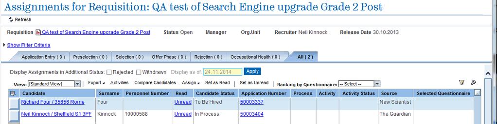 Display Candidates Page Overview Tick the Rejected and Withdrawn tickboxes, then select Apply to display the rejected and withdrawn candidates Click to display the PDF overview of the job requisition